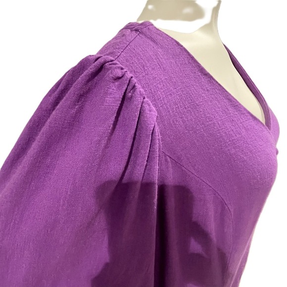 J.Jill Petite M Purple Puff Sleeve Linen Blend Midi Dress Button Front Boho - Picture 4 of 13